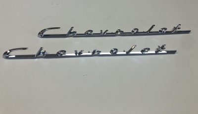 55 Chevy Script 1957 Chevrolet Script, Gold V8, Hood & Trunk Emblem